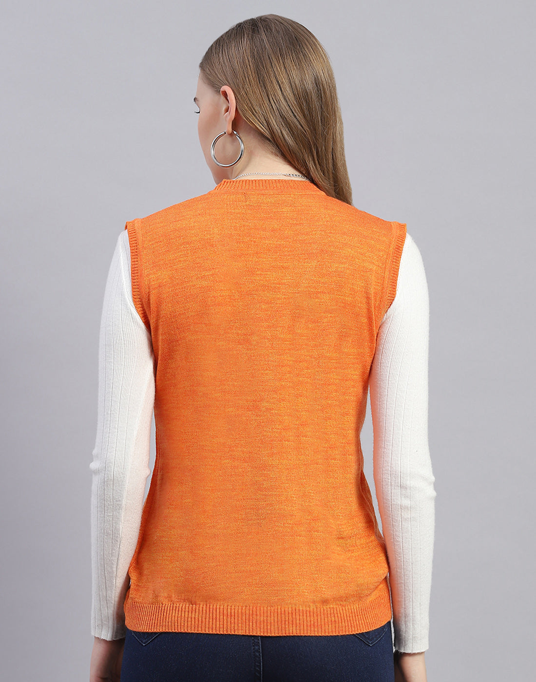 Women Orange Solid V Neck Sleeveless Cardigan