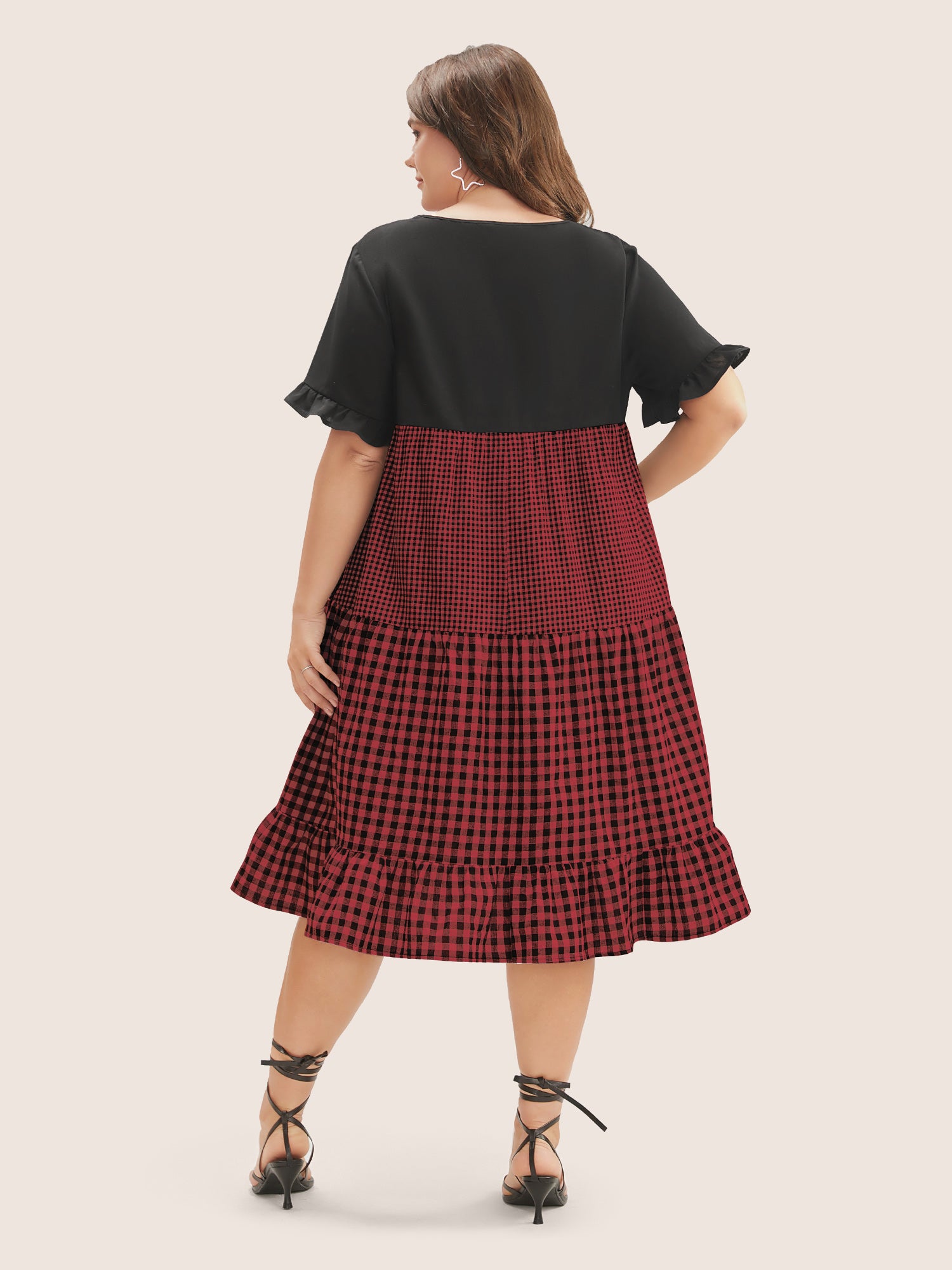 Gingham Patchwork V Neck Pocket Ruffles Dress