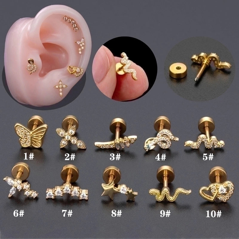 1 Piece Ear Cartilage Rings & Studs Minimalist Classic Style Heart Shape Snake Butterfly Copper Polishing Inlay Zircon 18K Gold Plated Ear Cartilage Rings & Studs