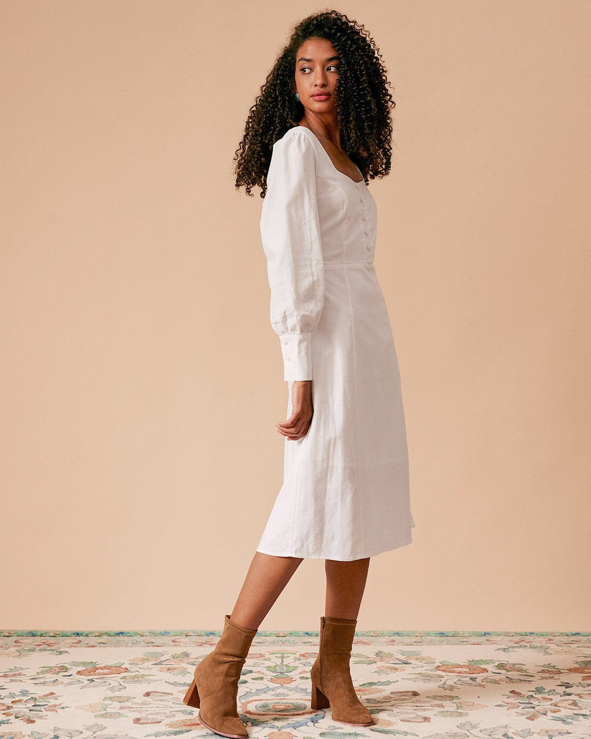 The White Solid Slit Long Sleeve Midi Dress