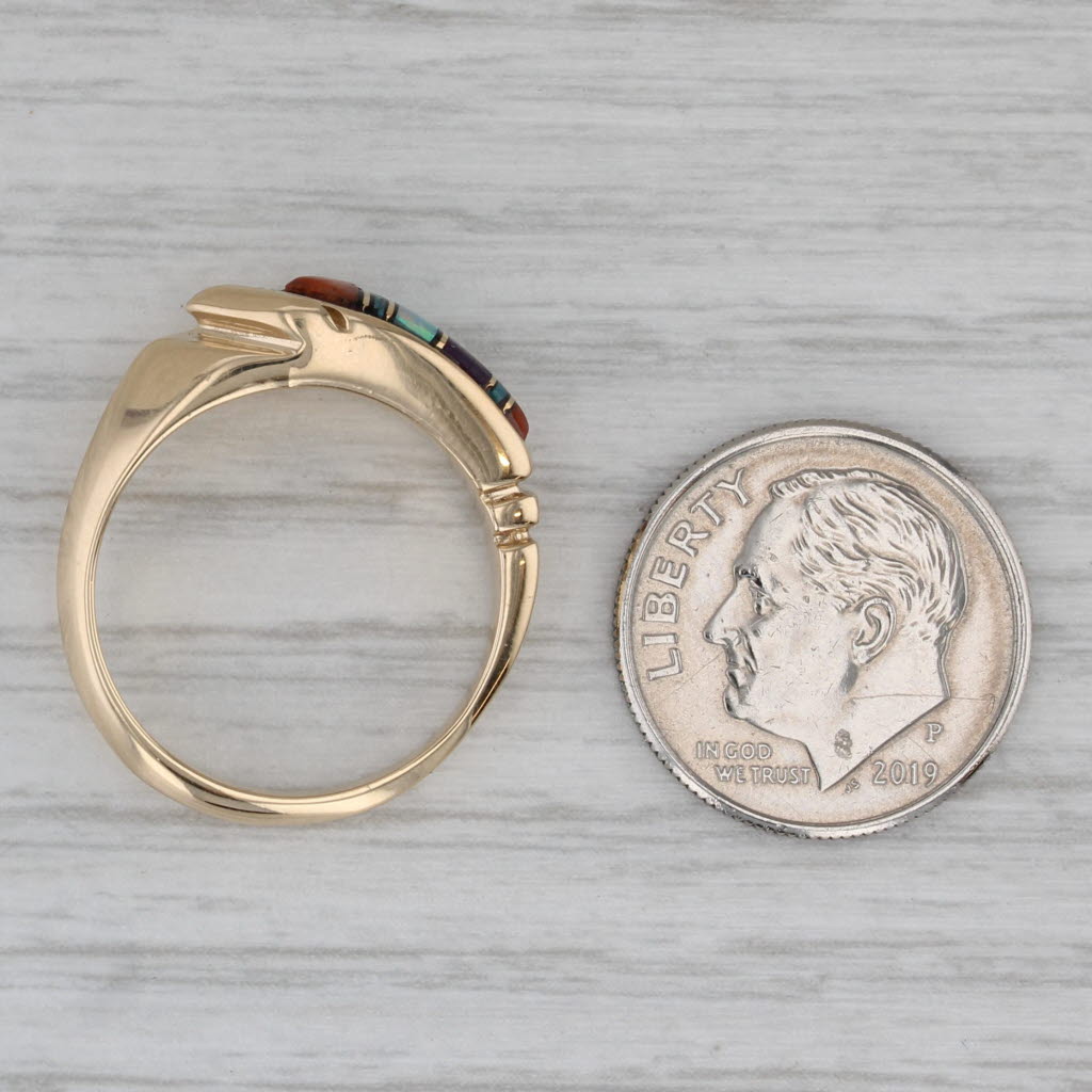 Stone Mosaic Ring 14k Yellow Gold Size 6.75 Coral Turquoise Opal Sugilite Resin