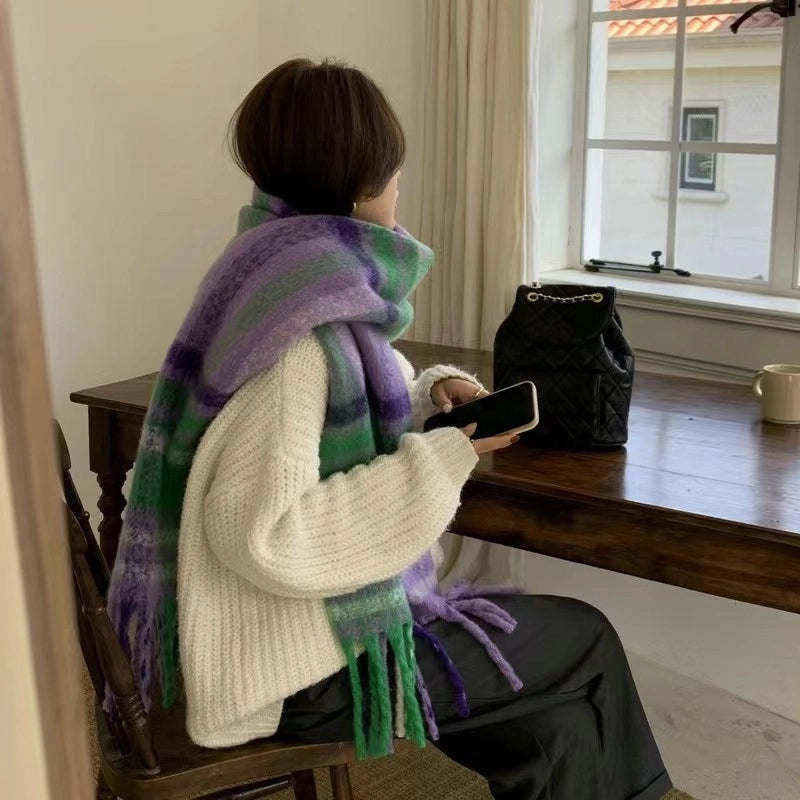 Autumn And Winter Thickened Scarf Women's  Rainbow Plaid Tassel Mohair Shawl Student Versatile Warm Scarf Fashion