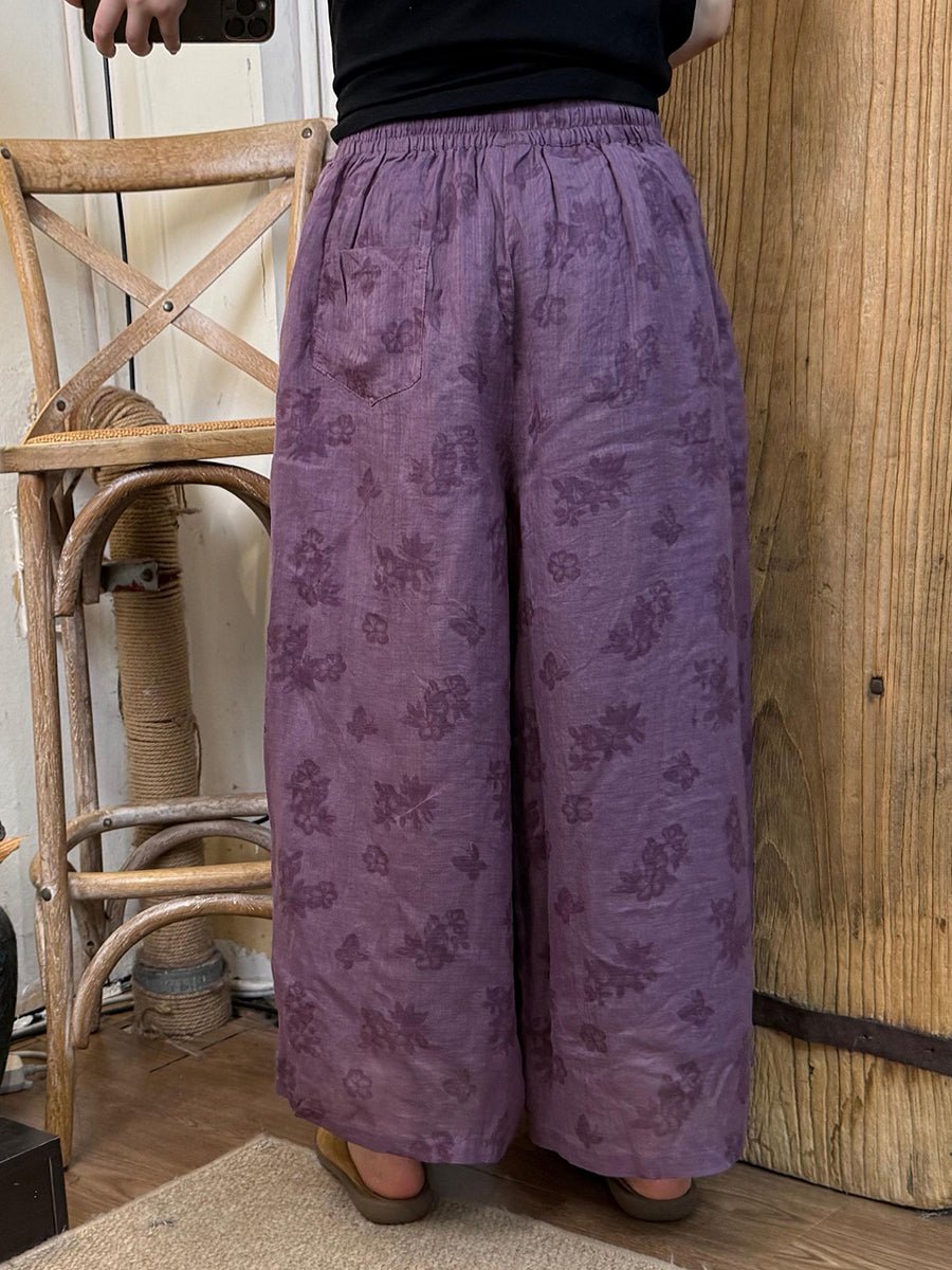 Women Summer Retro Print Ramie Wide-leg Pants