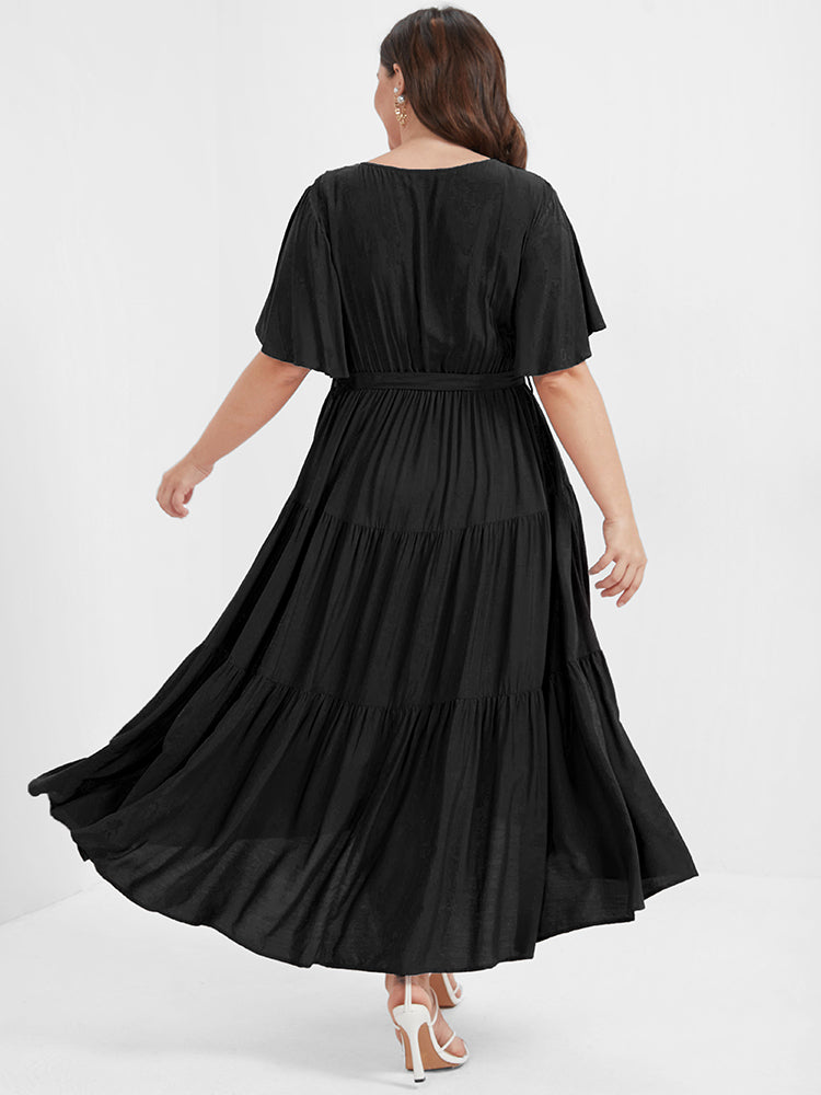 Solid Button Pocket Belted Ruffles Wrap Midi Dress