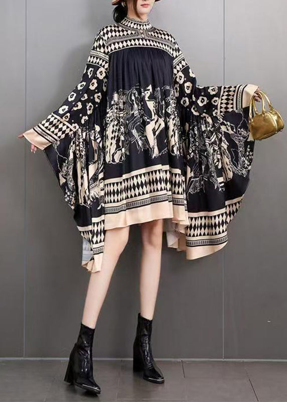 DIY Black Turtleneck Print Cotton Maxi Dresses Batwing Sleeve Fall