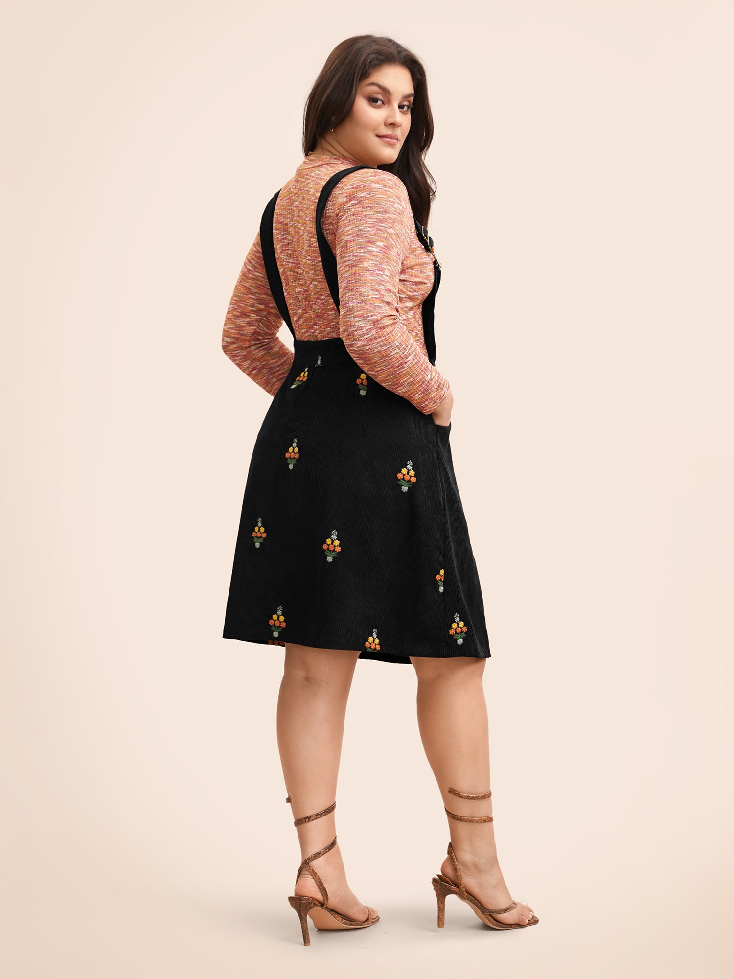 Floral Embroidered Corduroy Overall Dress