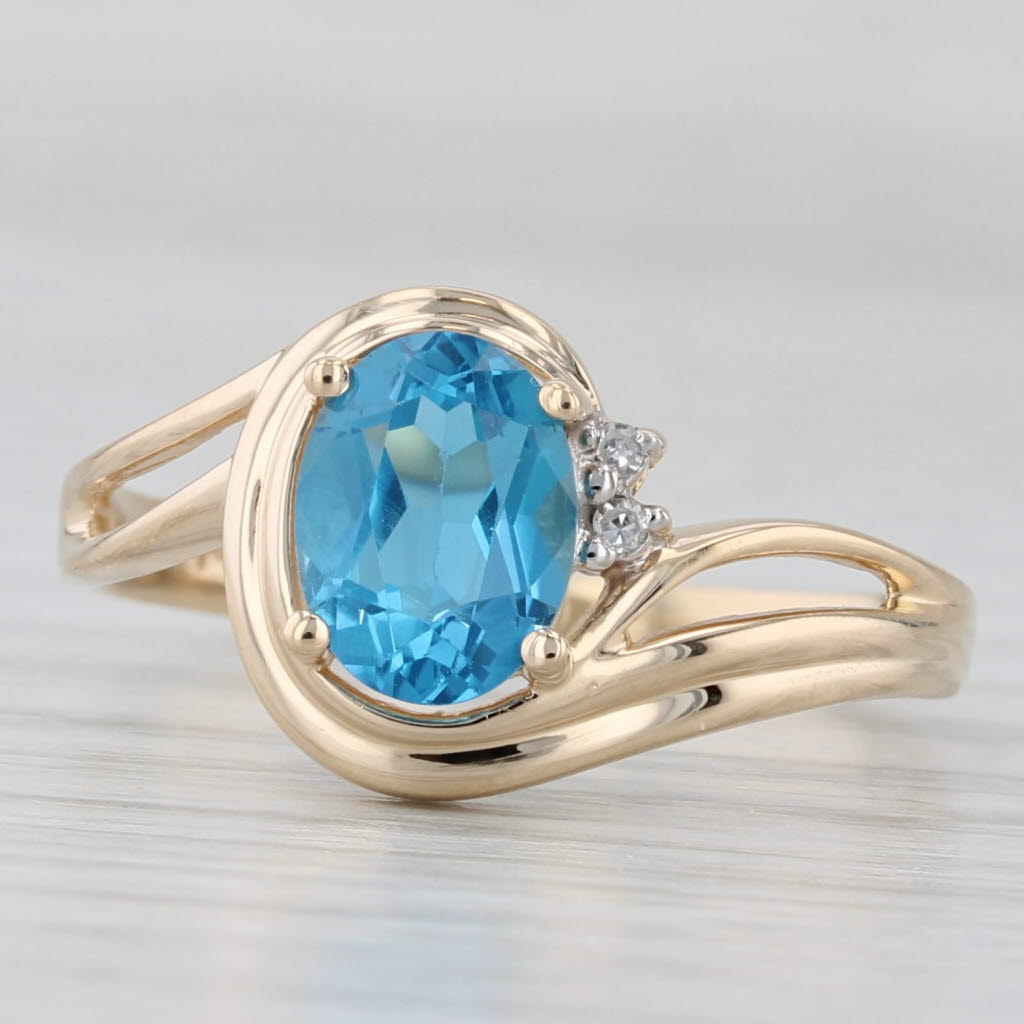 1.50ct Blue Topaz Oval Solitaire Ring 14k Yellow Gold Size 8.5 Diamond Accents