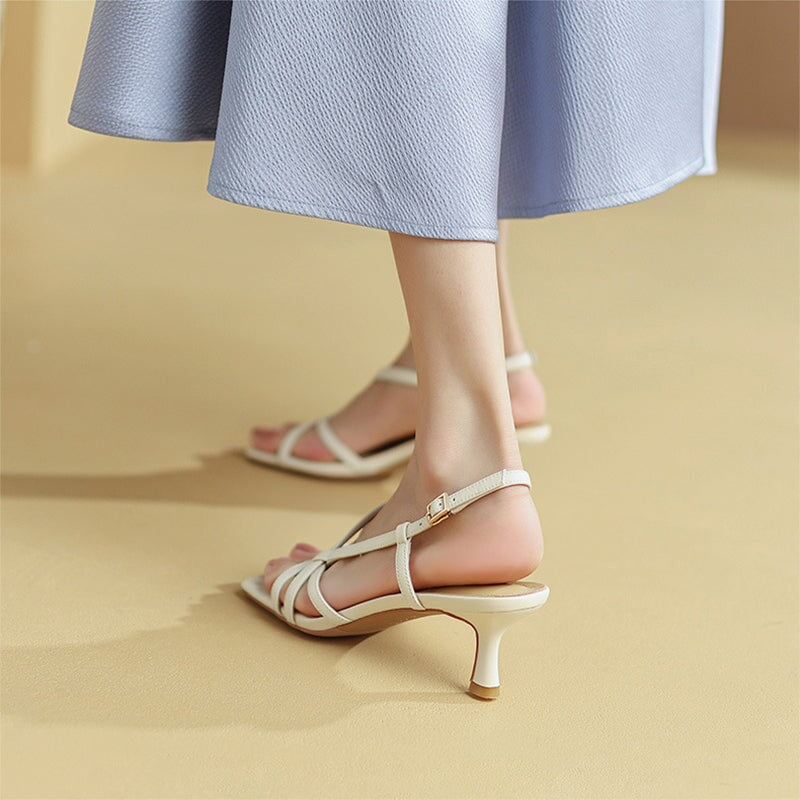 Open Toe Muti Strap Sheepskin Slingback Sandals 55mm Kitty Heel in Yellow/Beige/Pink