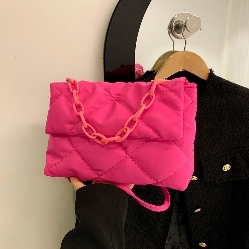 Women's Canvas Solid Color Fashion Quilted Chain Square Flip Cover Crossbody Bag