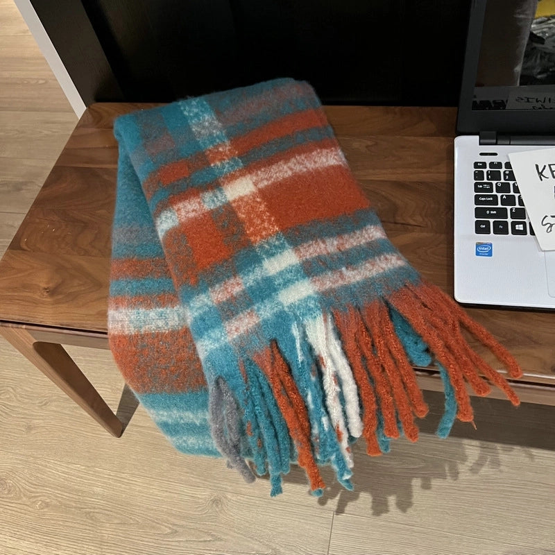 Plaid Shawl Tassel Mohair Scarf Female Winter Students Travel Versatile Fashion Scarf Warm