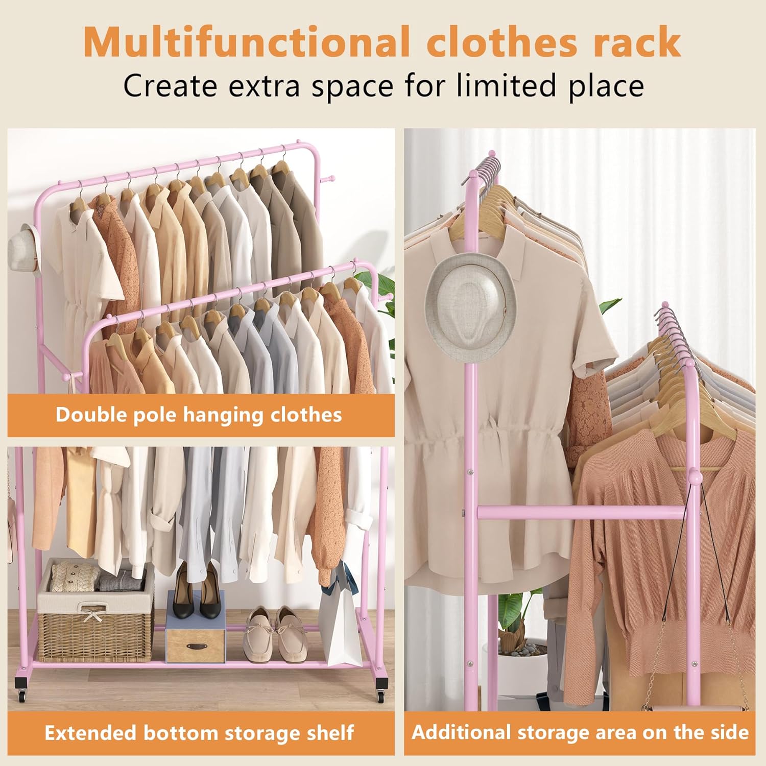 Laiensia Double Rods Garment Rack with Wheels, Clothing Rack for Hanging Clothes,4 Hooks, Multi-functional Bedroom Clothes Rack, Black