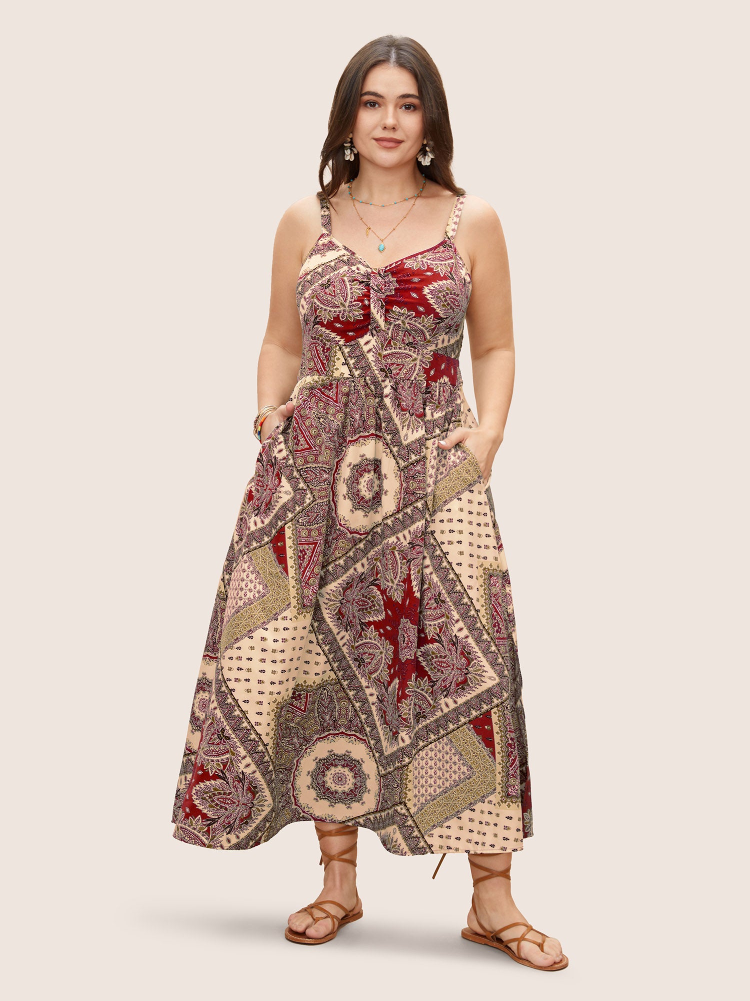 Bandana Print Ruched Split Hem Cami Dress