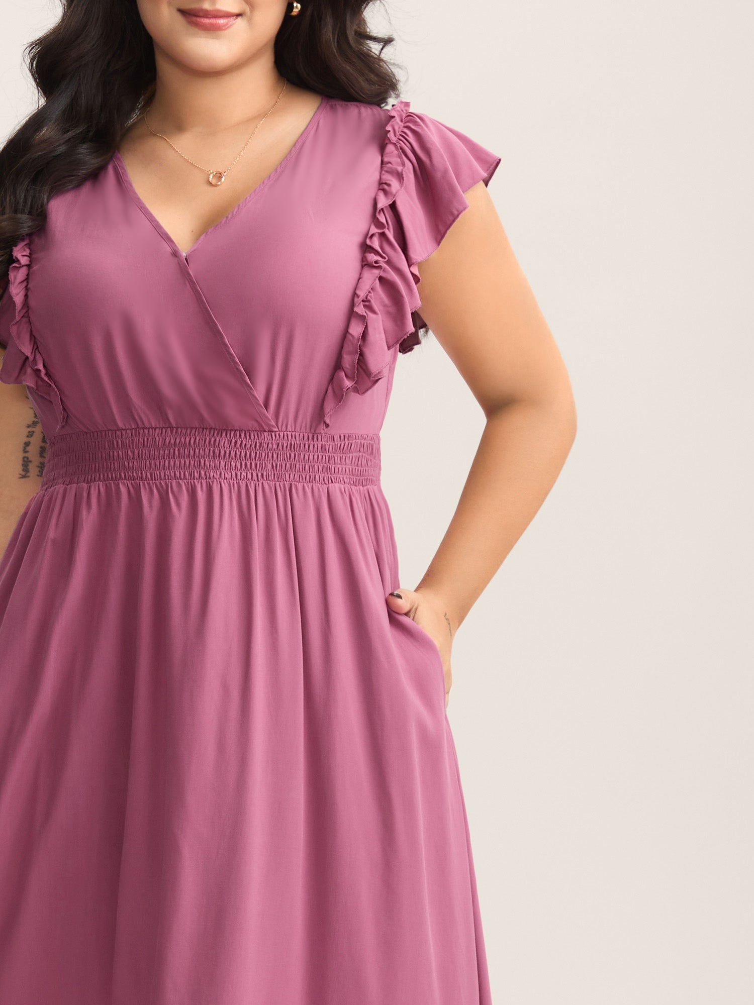 Rayon Ruffled Shirred Waist Solid Midi Dress