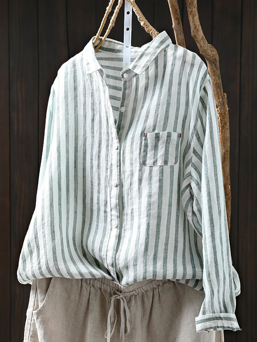Women Summer Stripe Turn-down Collar 100%Linen Shirt