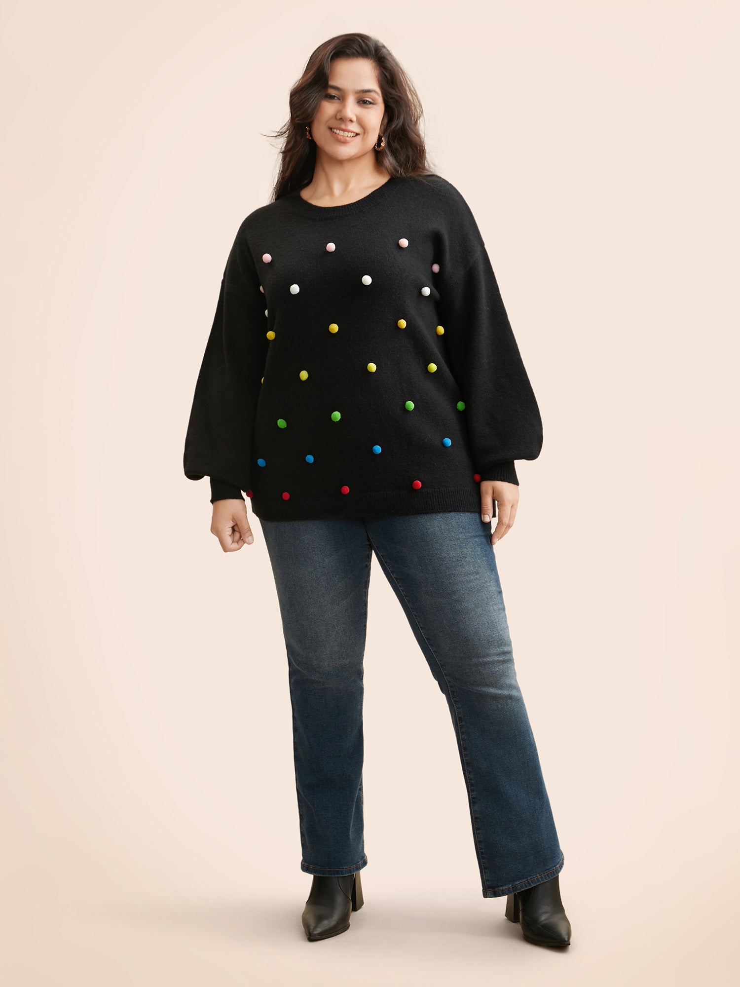 Colored Fluffy Ball Drop Shoulder Pullover