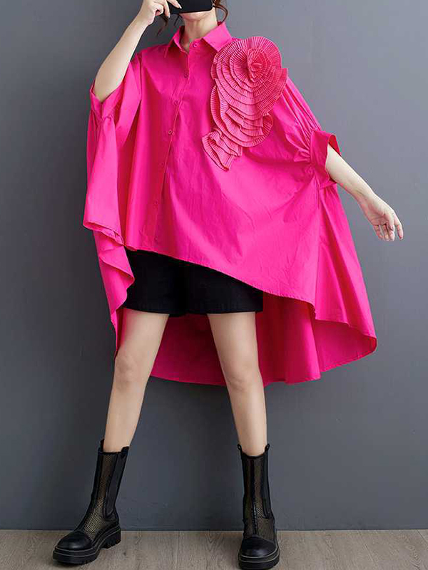 Batwing Sleeves Half Sleeves Asymmetric Buttoned Pleated Solid Color Three-Dimensional Flower Lapel Blouses&Shirts Tops