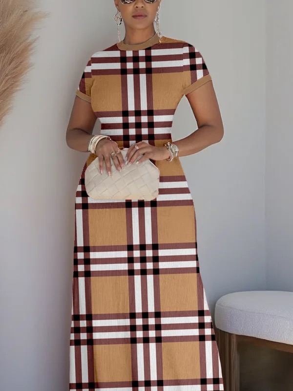 Short Sleeves Plaid Round-Neck Maxi Dresses