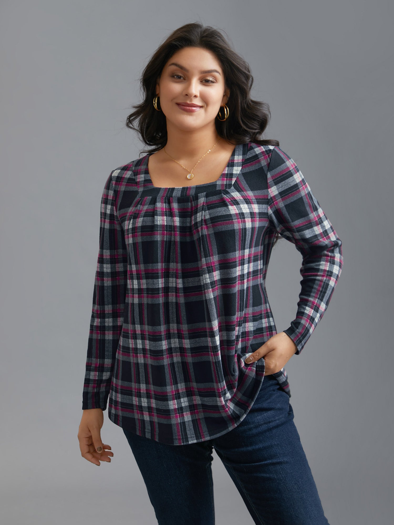 Plaid Pleated Square Neckline Knit Top