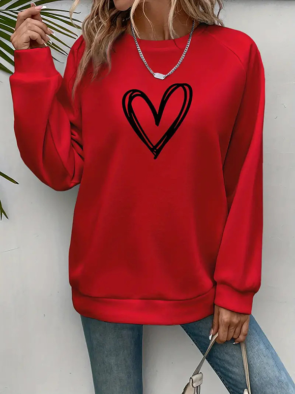 Long Sleeves Loose Heart Print Split-Joint Round-Neck Sweatshirt Tops