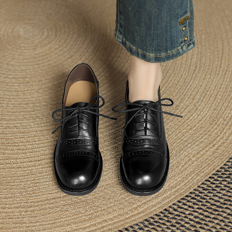 Genuine Leather Vintage Brogue Oxford Shoes Lace-Up Classic Formal Shoes in Black/Coffee/Grey