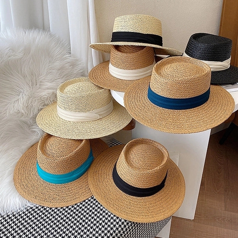 Women's Minimalist Classic Style Color Block Flat Eaves Straw Hat