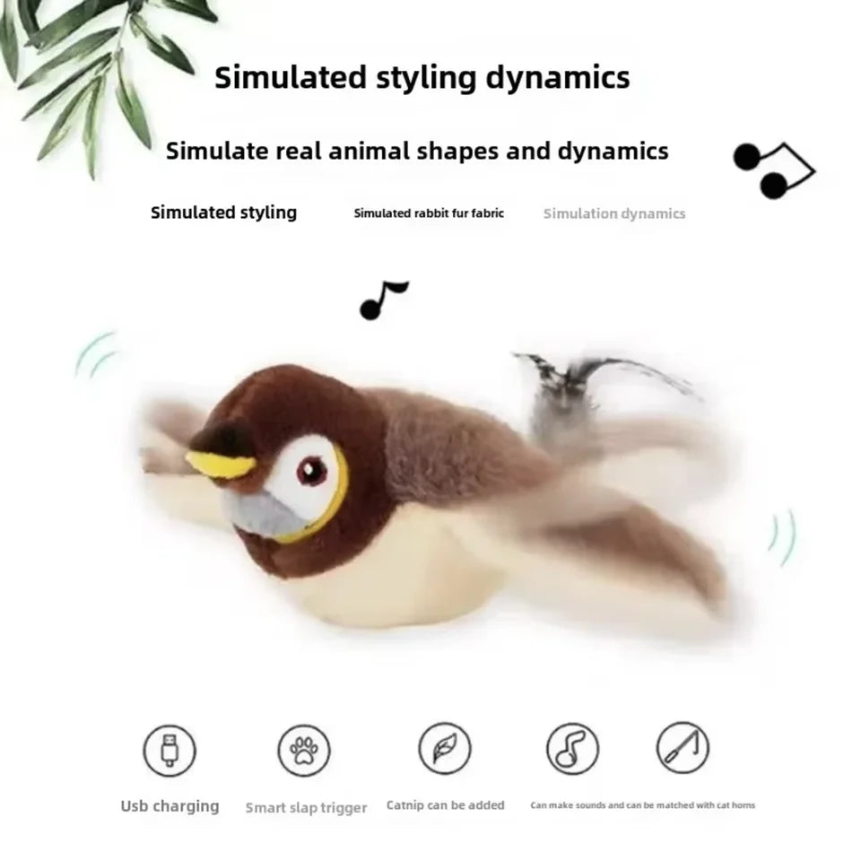 Interactive Chirping Bird Cat Toy – USB Rechargeable. Touch-Activated. Flapping Wings & Cat Teaser Attachment