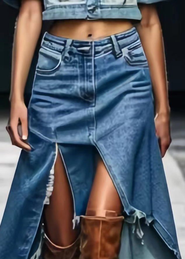 Blue Asymmetrical Side Open Skirts Summer