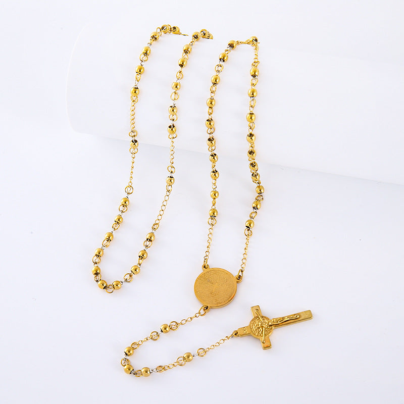 Aml Fashion Stainless Steel Round Beads Rosary Men And Women Cross Necklace Sweater Chain