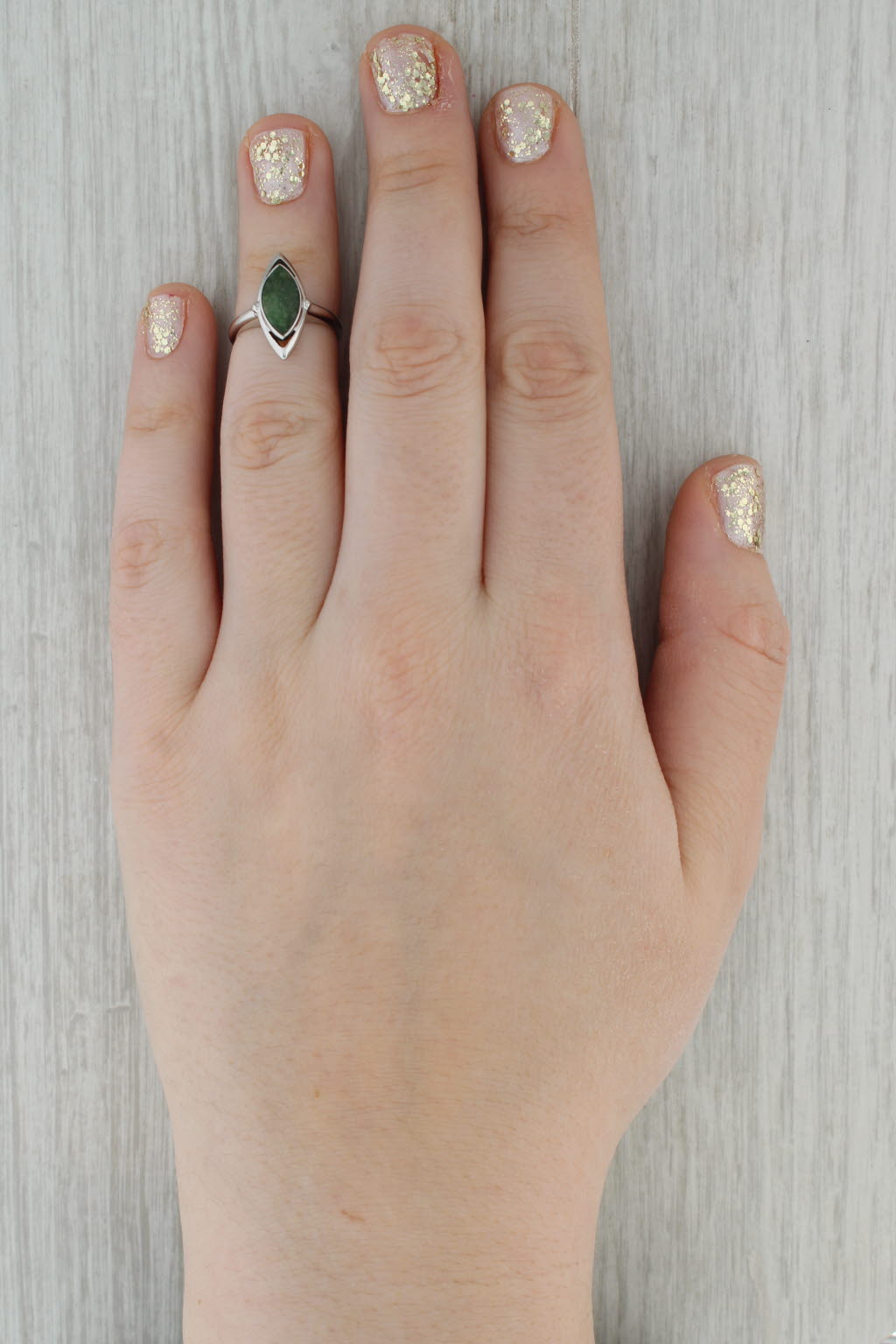 Nephrite Jade Navette Cabochon Solitaire Ring 10k White Gold Size 4.5