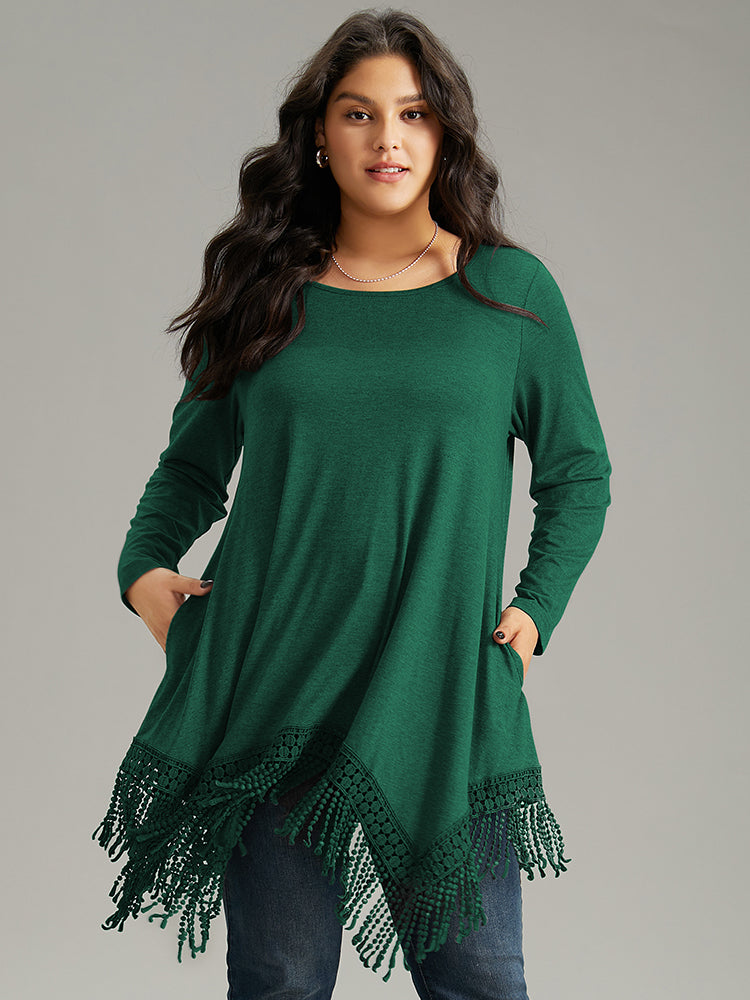 Solid Tassels Trim Pocket Asymmetrical Hem T-shirt