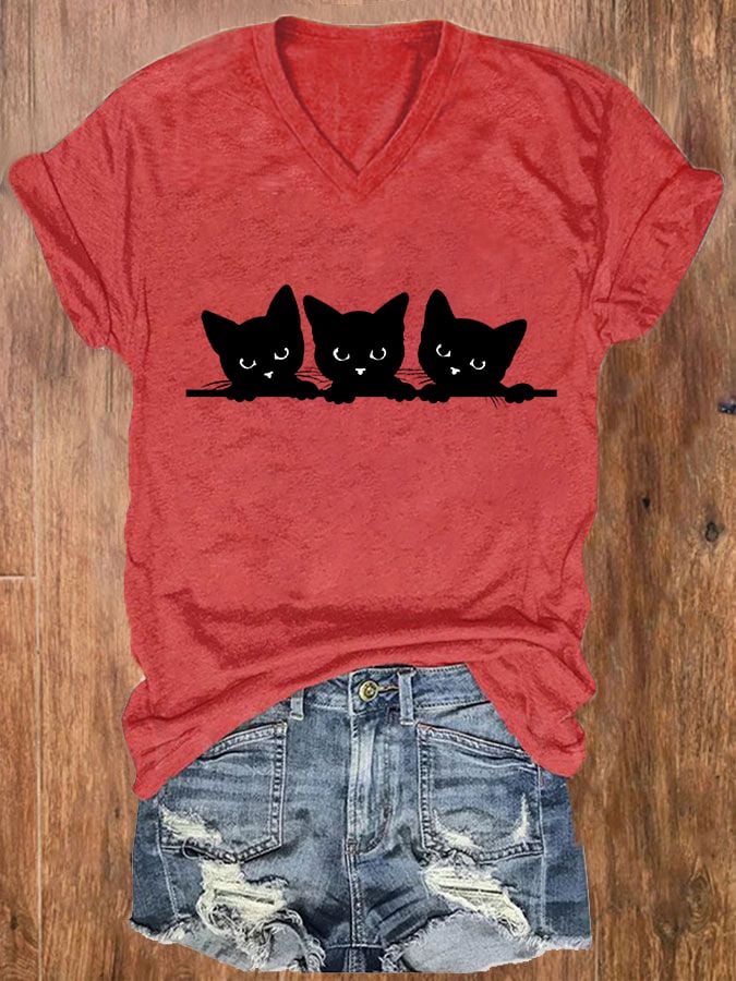 Women's Black Cat Print V-Neck T-Shirt