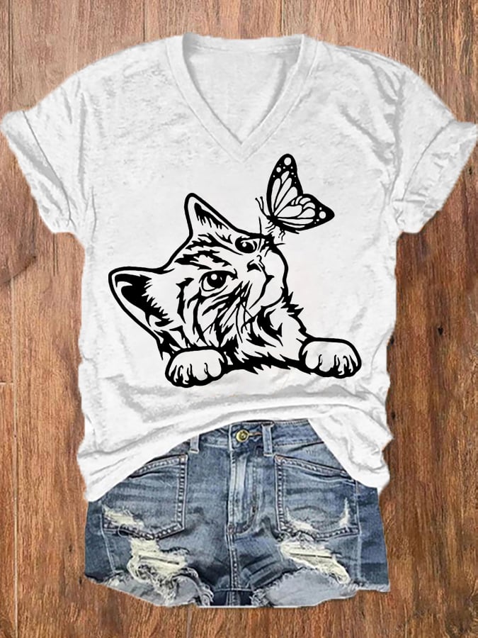 Women's Cute Cat with Butterfly Print V-Neck T-Shirt