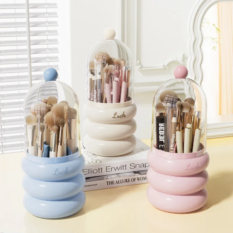 360° ROTATING MAKEUP BRUSH HOLDER WITH LID & LIPSTICK ORGANIZER