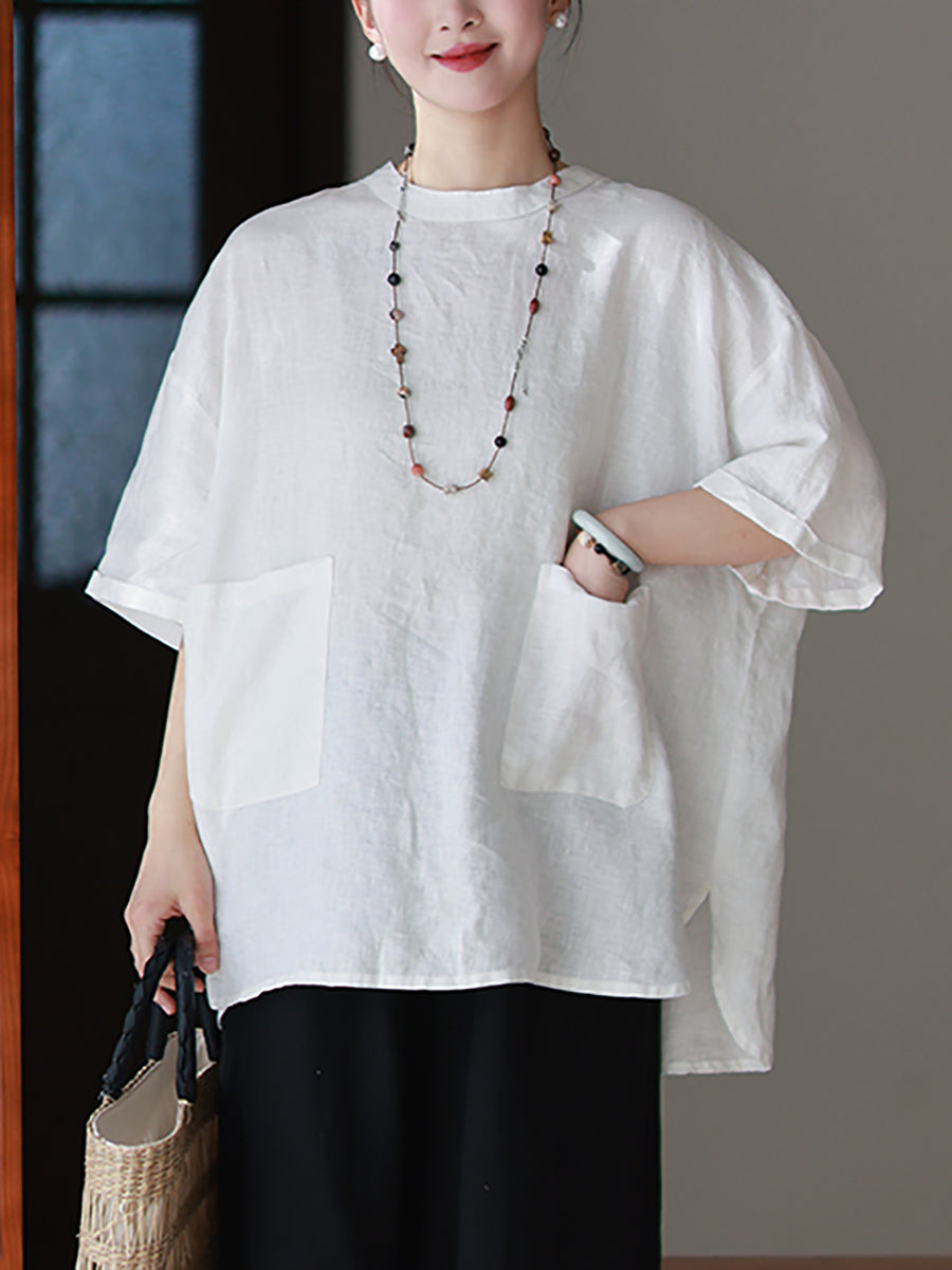 Women Summer Artsy Pure Color 100%Linen O-Neck Shirt