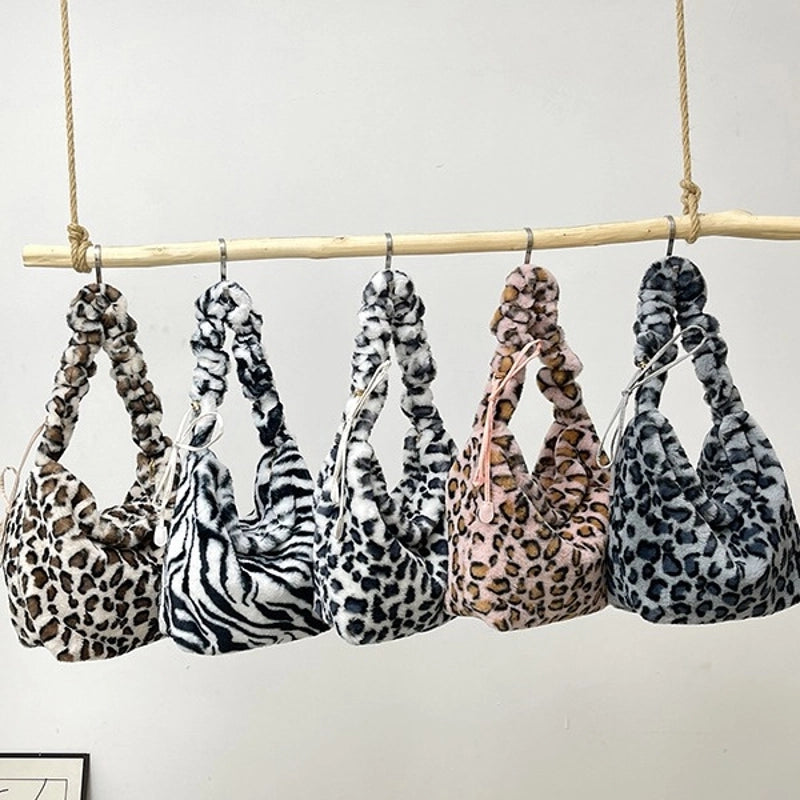 Women's Plush Leopard Vintage Style Classic Style Bucket Zipper Bucket Bag