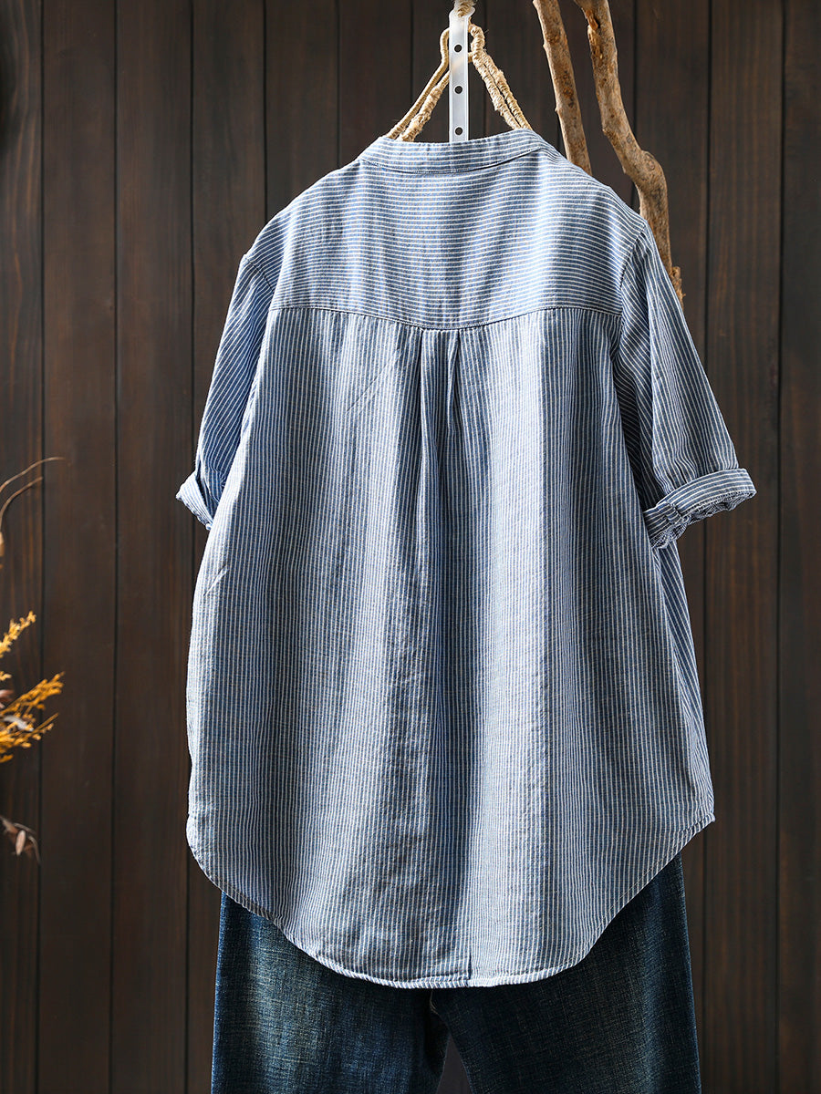Women Summer Casual Stripe V-Neck 100%Cotton Shirt