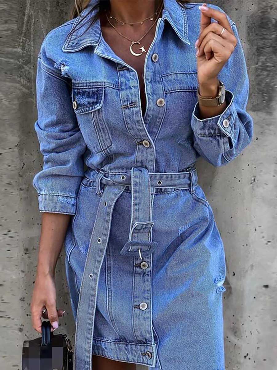 Cowboy Lapel Long Sleeve Single Breasted Slim Fit Dress