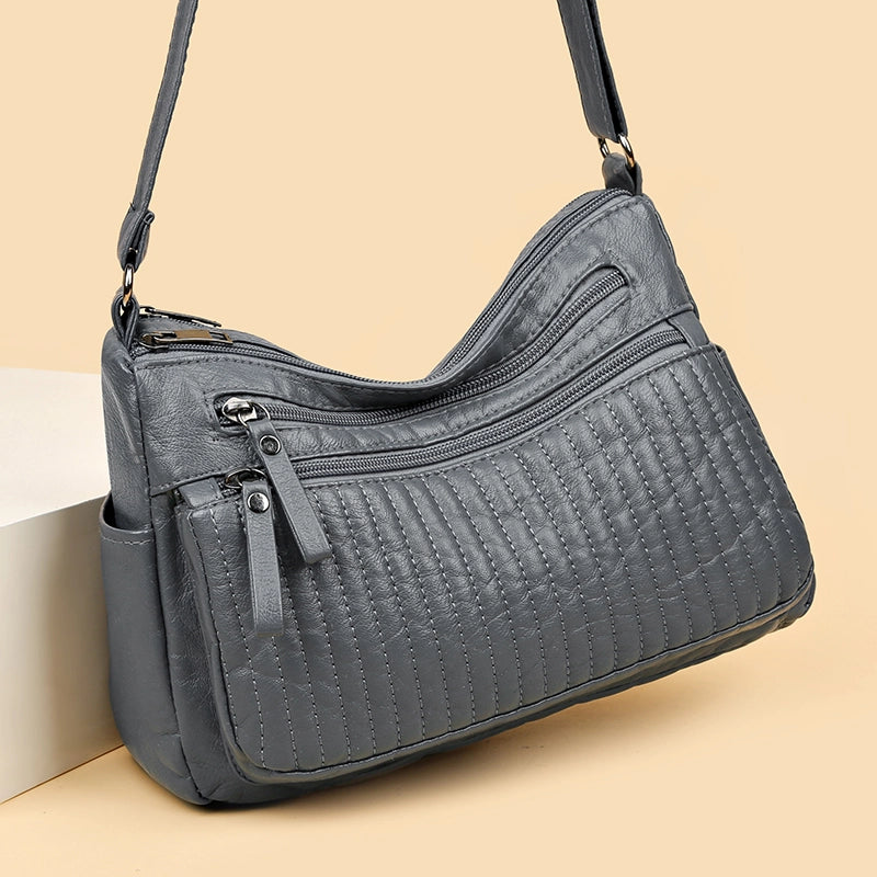 Women's Pu Leather Solid Color Classic Style Sewing Thread Square Zipper Shoulder Bag