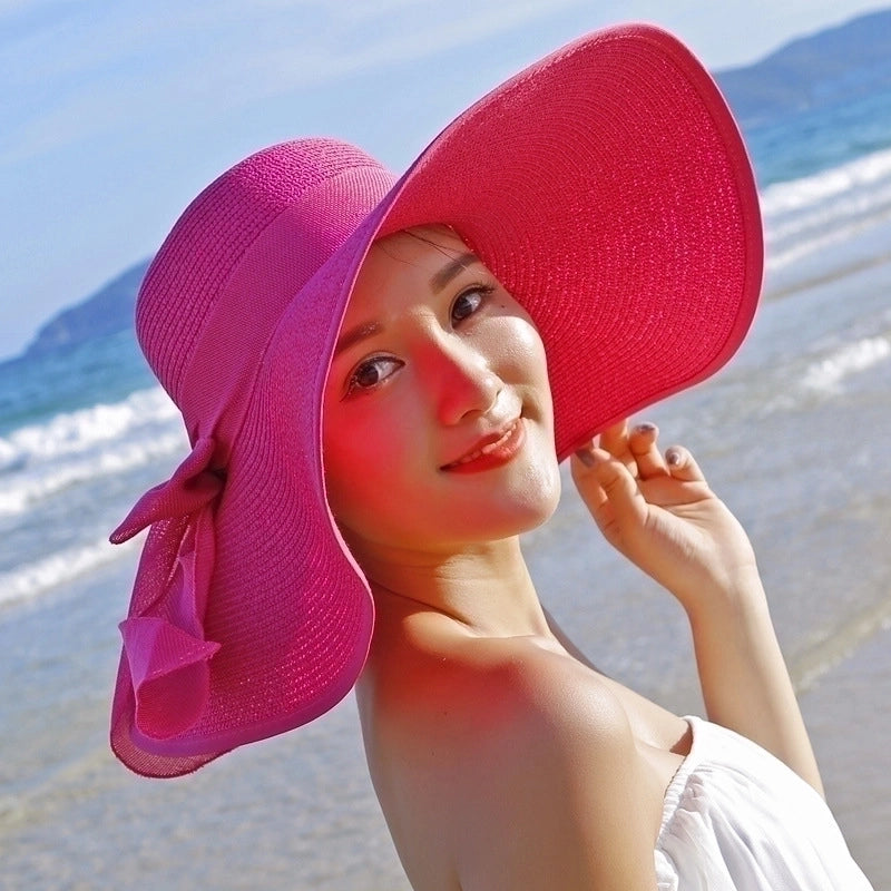 Women's Basic Solid Color Bowknot Flat Eaves Sun Hat