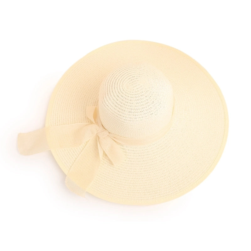 Fashion Solid Color Big Eaves Sunshadebowknot Straw Hat