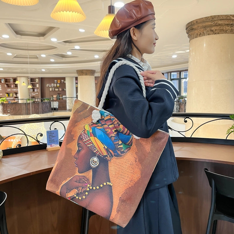 Women's Large Cotton And Linen Letter Elegant Streetwear Square Zipper Tote Bag