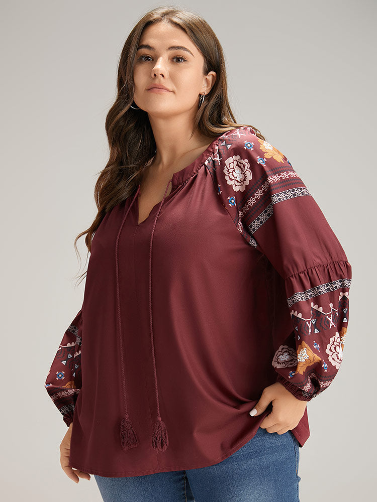 Boho Print Tie Neck Tassel Trim Blouse