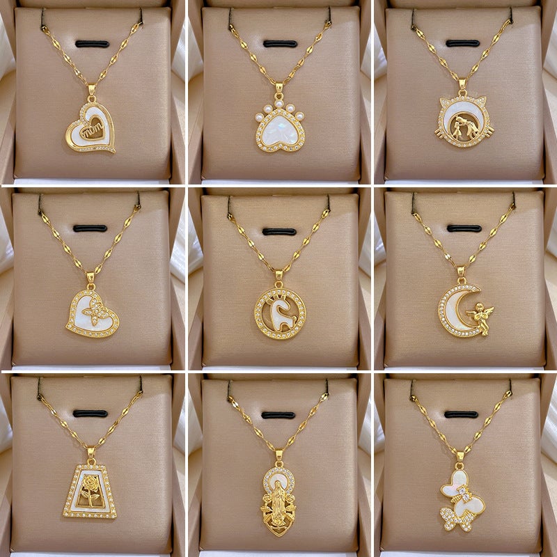 Cartoon East Asia Symbol Lucky Cat Geometric Titanium Steel Diamond Inlay Necklaces