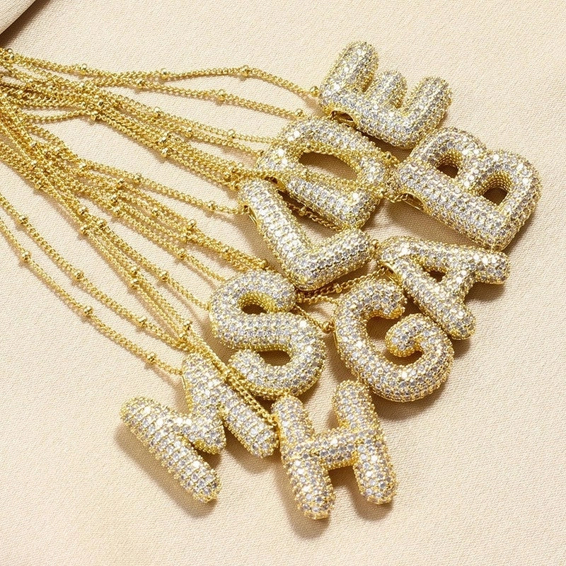 Europe And America  Hot Sale Fashion 26 English Letters Pendant Necklace Copper Micro Inlaid Zircon Balloon Letter Collarbone Necklace Choker Pendant