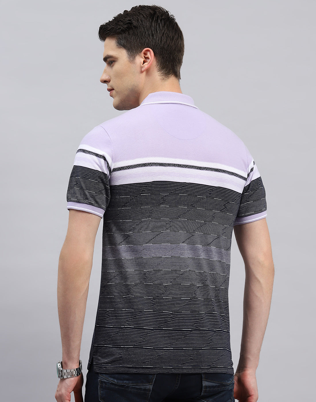 Men Purple Stripe Polo Collar Half Sleeve T-Shirt