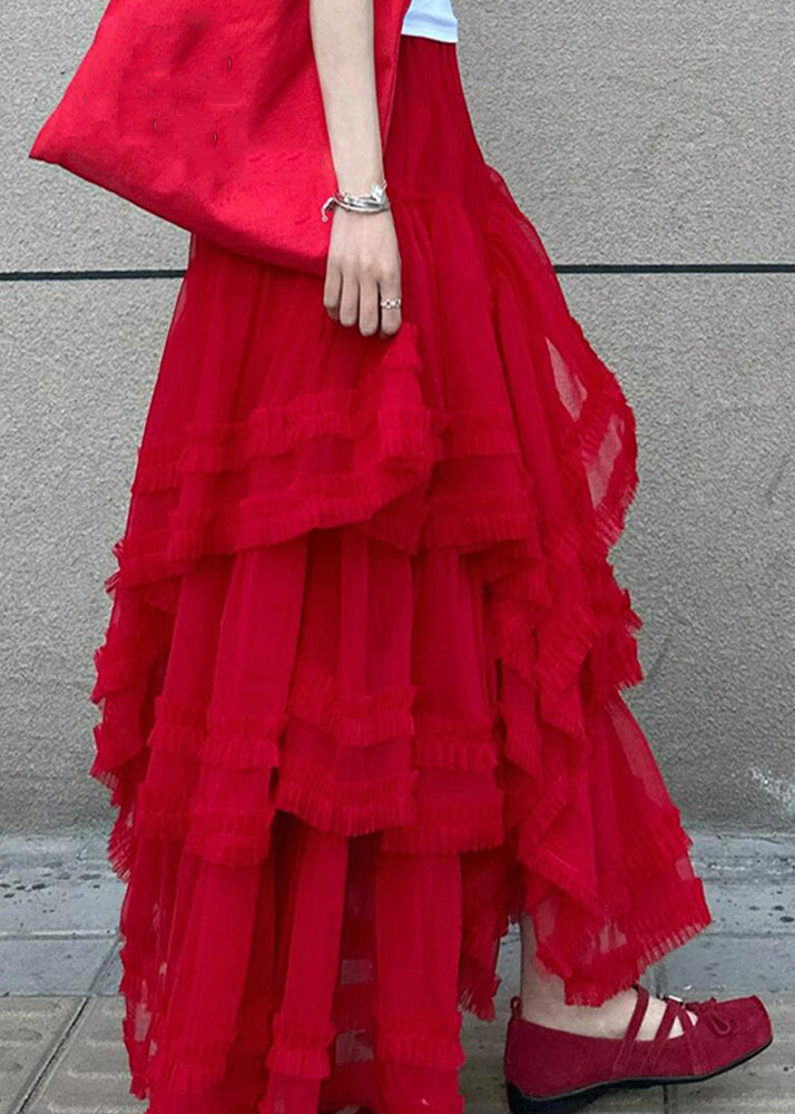 Style Red Elastic Waist Tulle Maxi Cake Skirt Summer