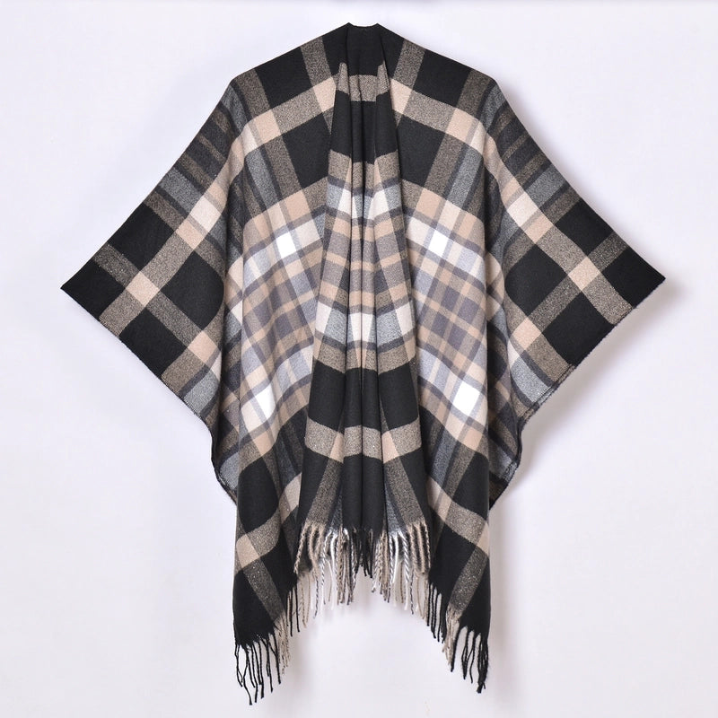 New Tassel Split Shawl Autumn And Winter Women's Simple Plaid Jacquard Scarf Cloak Hot Selling