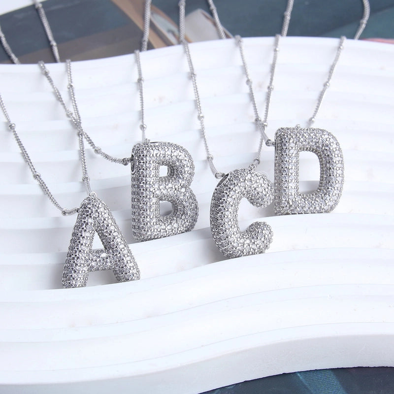 304 Stainless Steel Copper Rhodium Plated Three-dimensional Inlay Letter Zircon Pendant Necklace