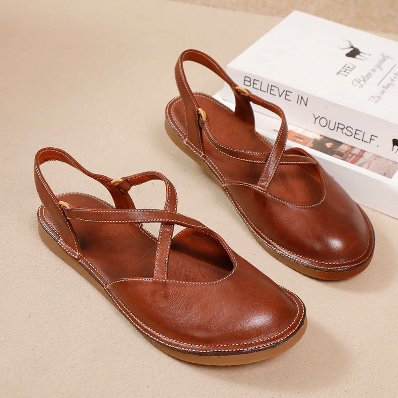 Casual Leather Closed-Toe Flat Sandals Soft Sole Summer X-Strap Slingback Shoes in Caramel/Brown
