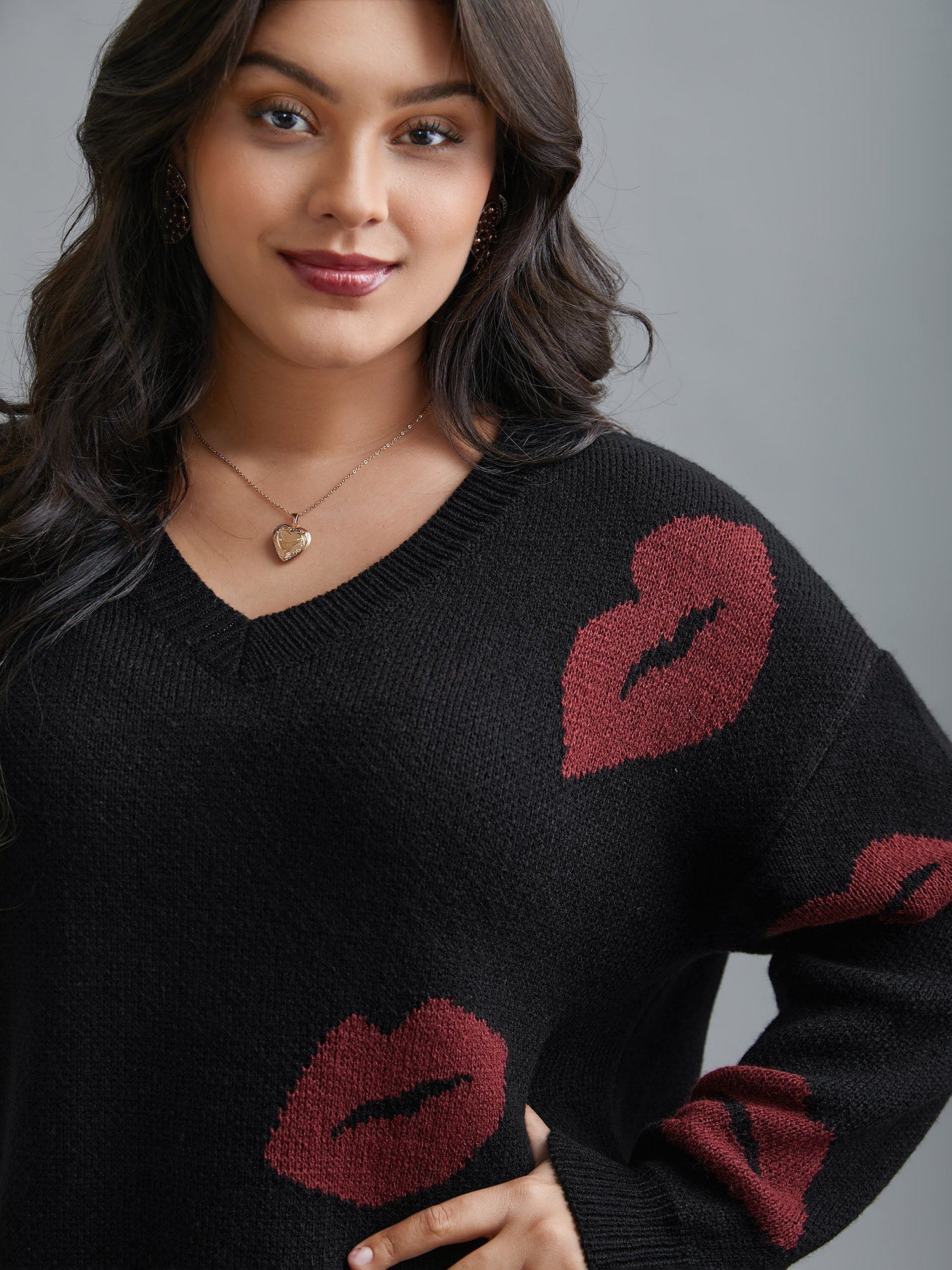 Lip Print Contrast Knit Pullover